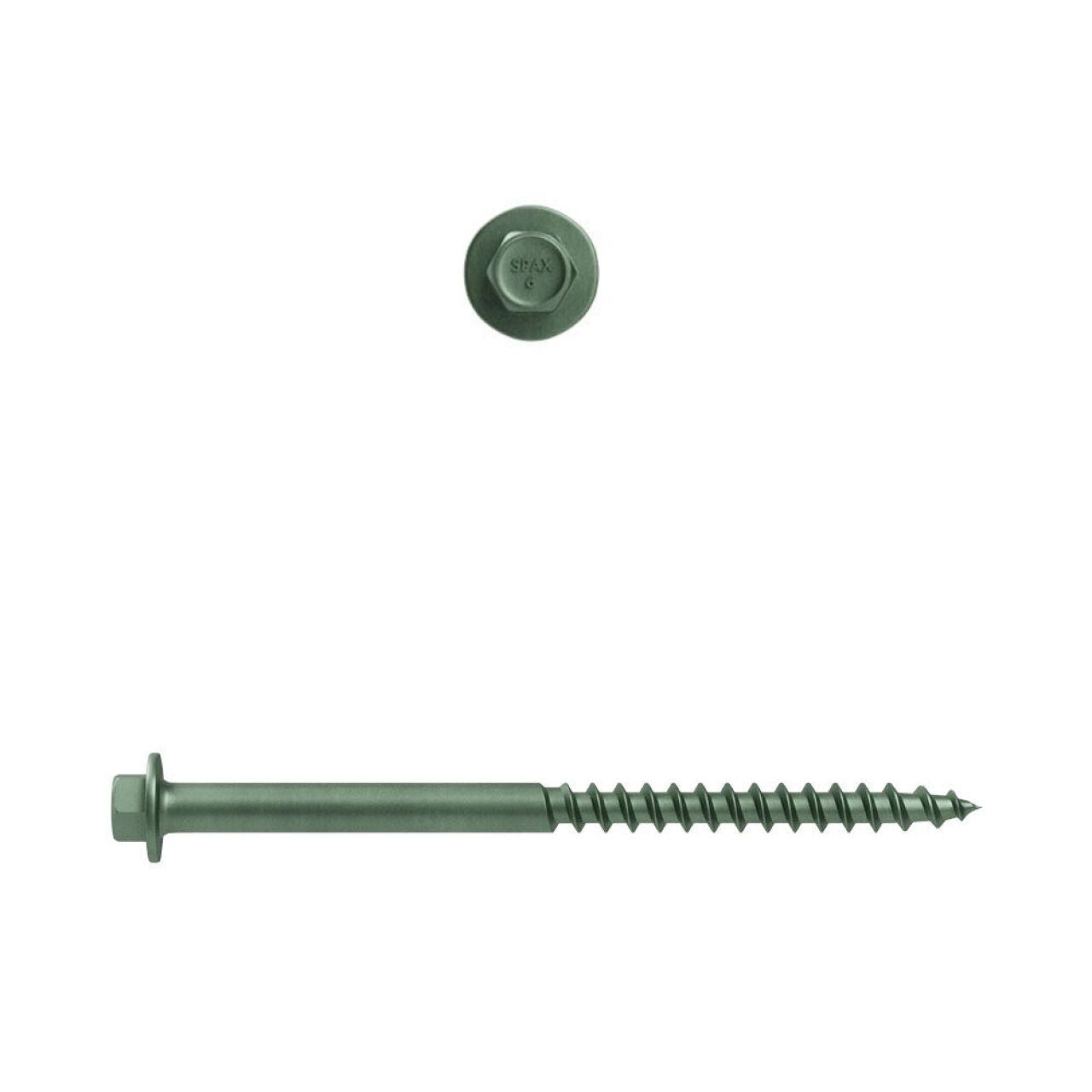A single Go Build 3/8 in. x 6 in. Hex Drive Washer Head Lag Screw with high corrosion resistant coating, shown from side and top views on white background. Brand: Go Build, The Fastest Way To Build.